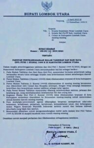 Bupati Lombok Utara Keluarkan Surat Edaran Pelaksanaan Takbiran 1444 H