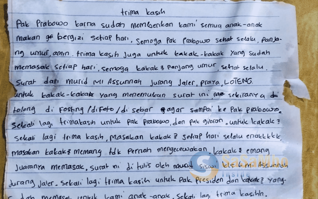Harunya Surat Anak Madrasah: “Terima Kasih Pak Prabowo, Makanannya Bergizi dan Enak”